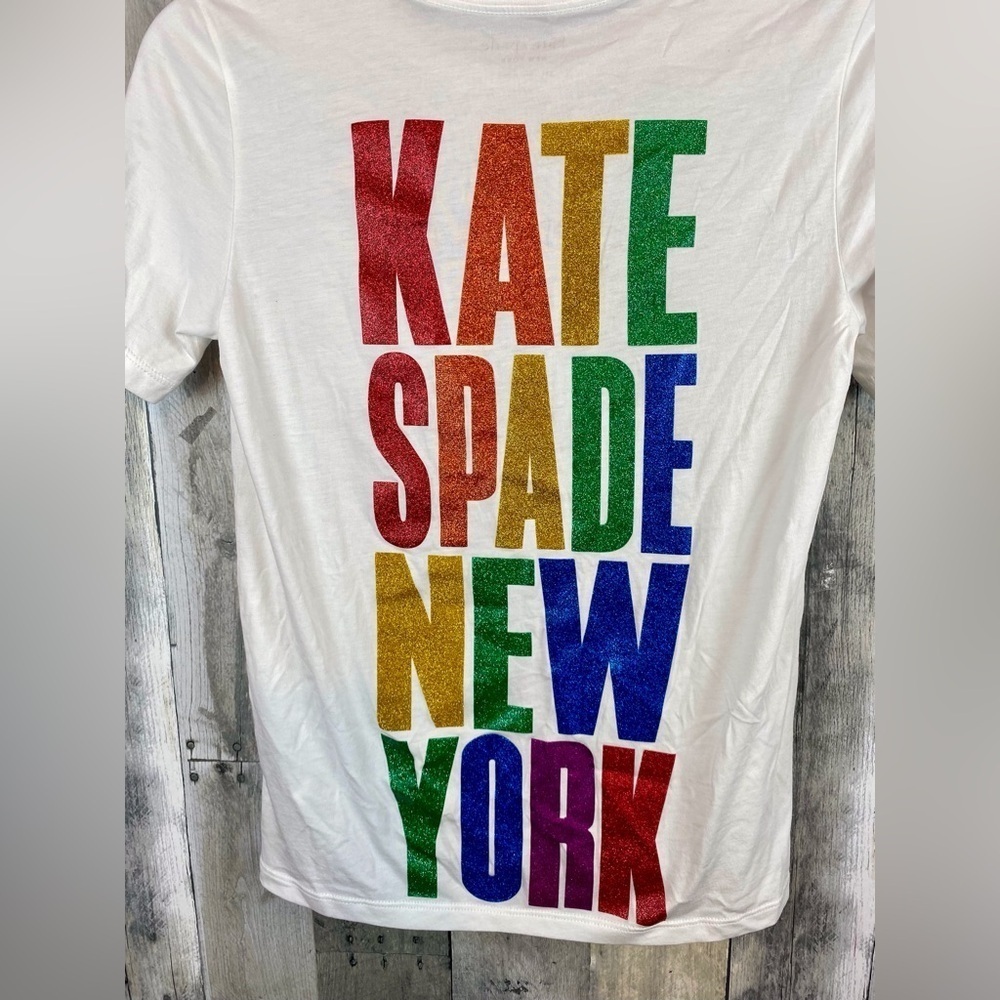 Kate Spade Rainbow Glitter Logo Tee in White Size XXS New! - Picture 6 of 12